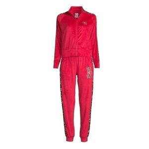 Cat Print Velour Christmas Track Suit NWT 3X Red Sequin Jacket Pants Full Zip